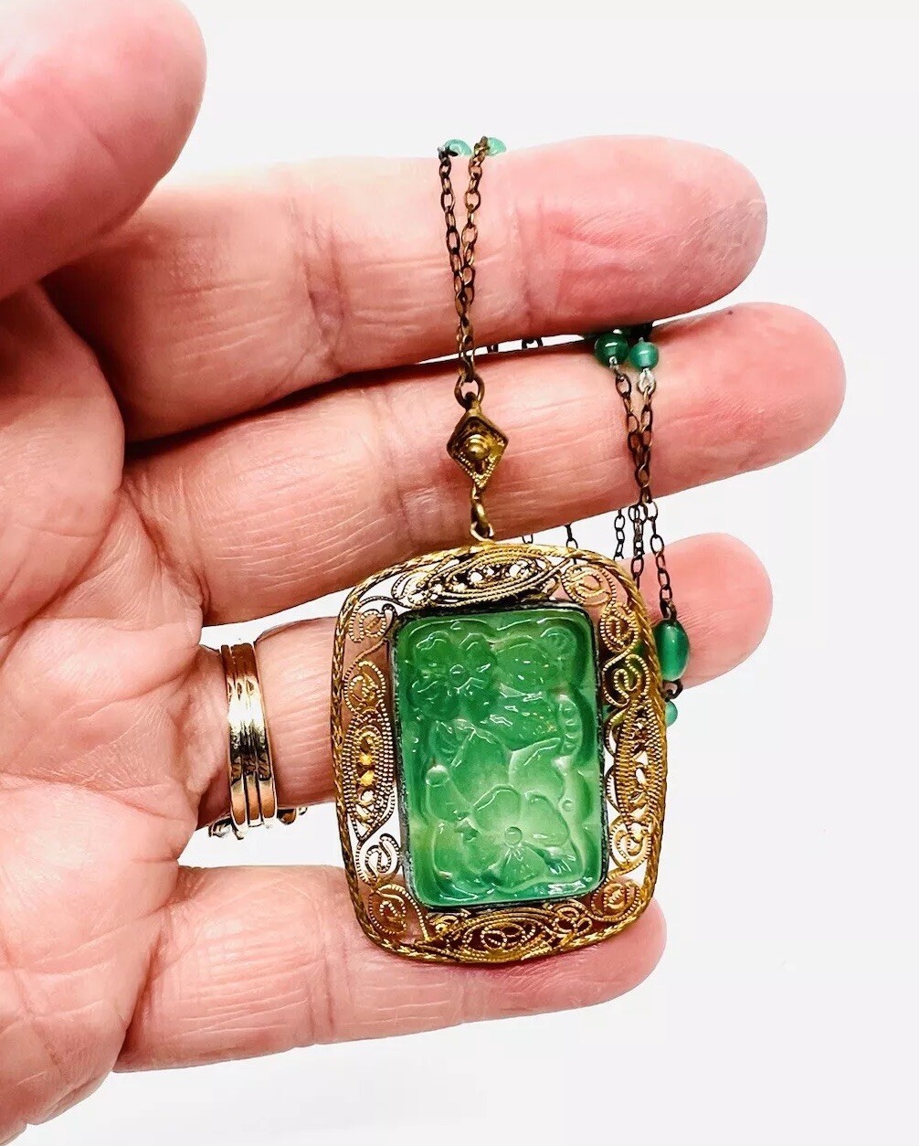 Art Deco Chinese Export Green Peking Glass Beaded Chain Necklace Vintage Jewelry