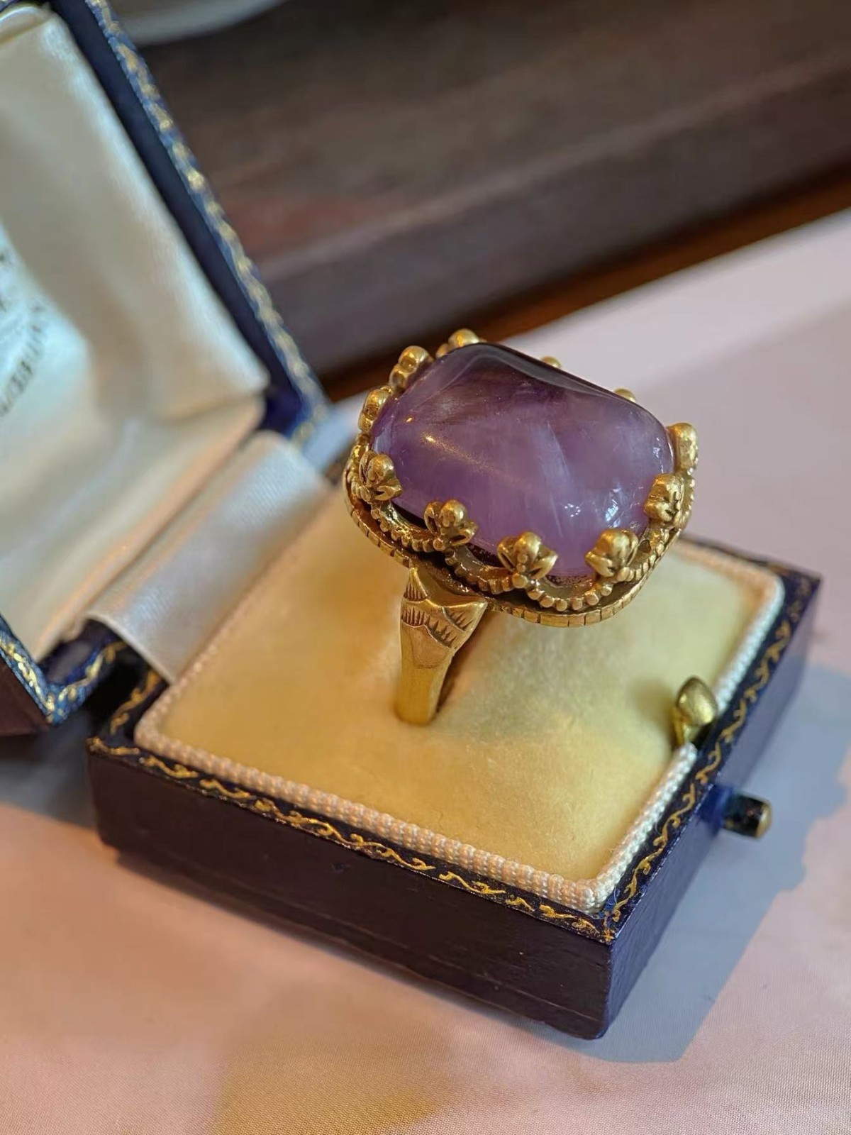 Natural Amethyst Adjustable Ring Vintage Italian Baroque Statement Jewelry