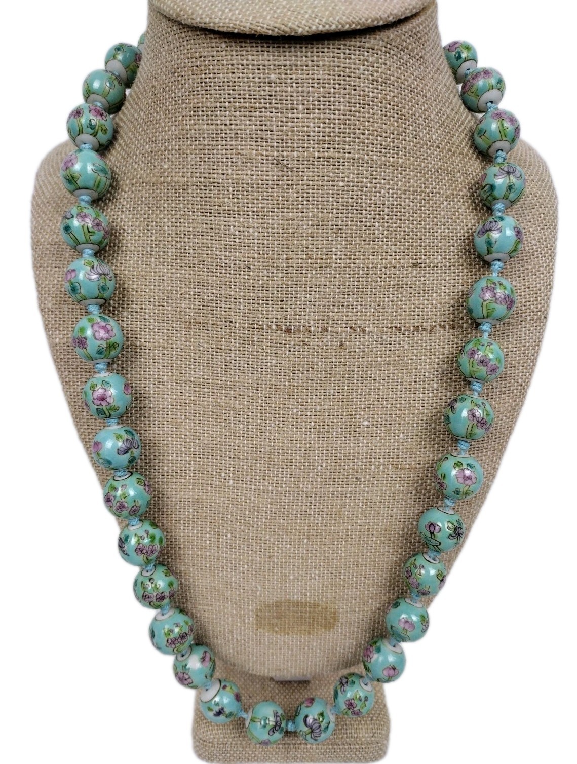 Vintage Chinese CLOISONNE Blue Pink Enamel Bead Necklace Hand Knotted