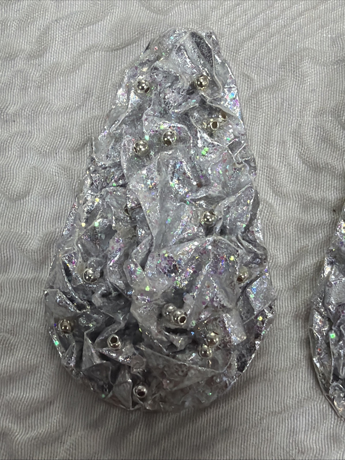 Vintage Artisan Crinkled Metallic Surface Elongated Teardrop Clip on 2”Earrings
