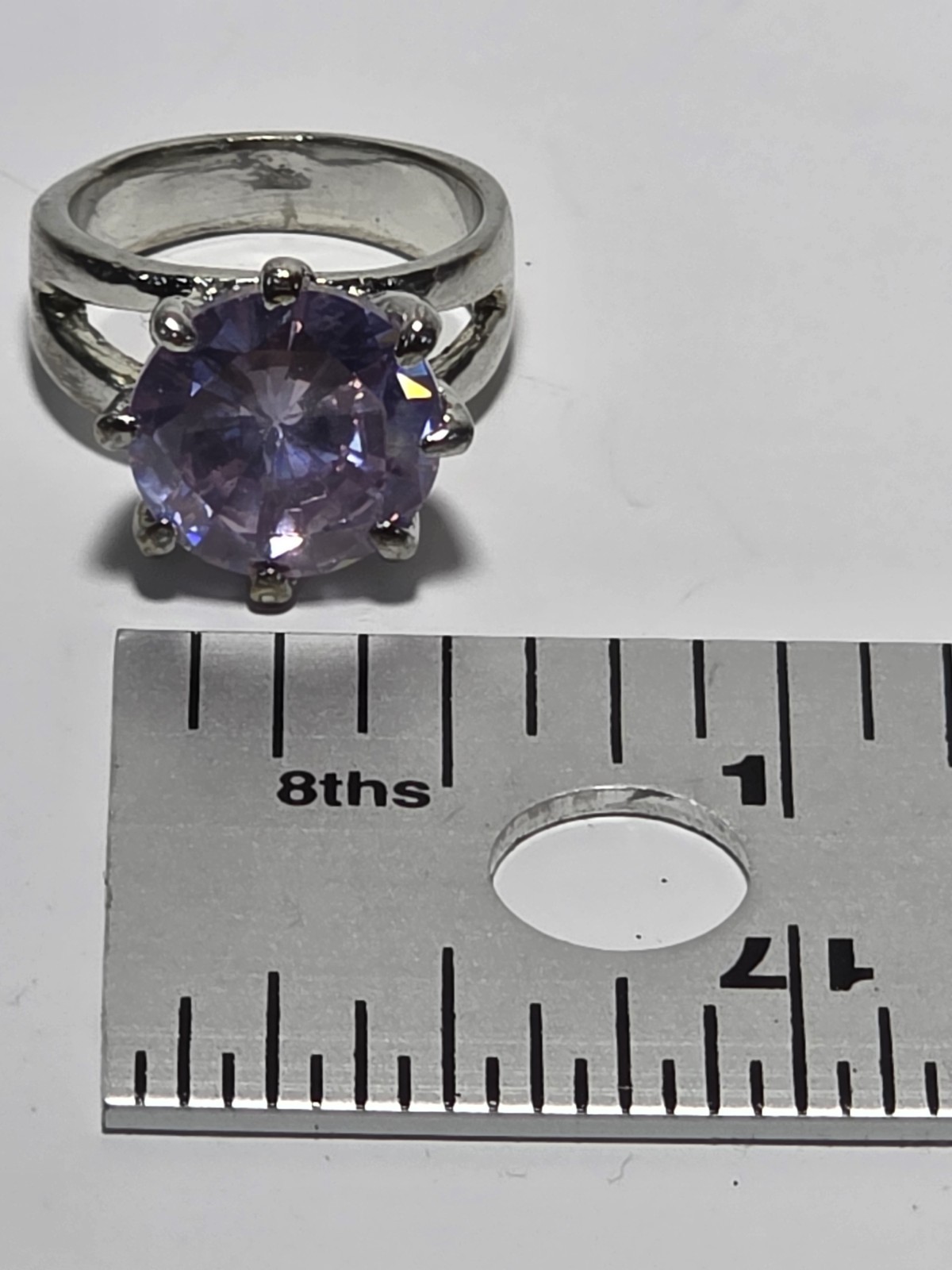 Vtg Purple Faceted Glass Silver Plated Double Shank Solitaire Ring Sz 5.25 (J2)