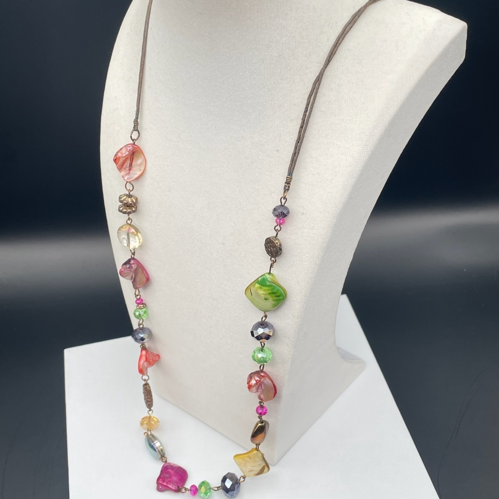 Vintage Bohemian Charm Single Chain Necklace Lobster Clasp Shell Crystal Bead