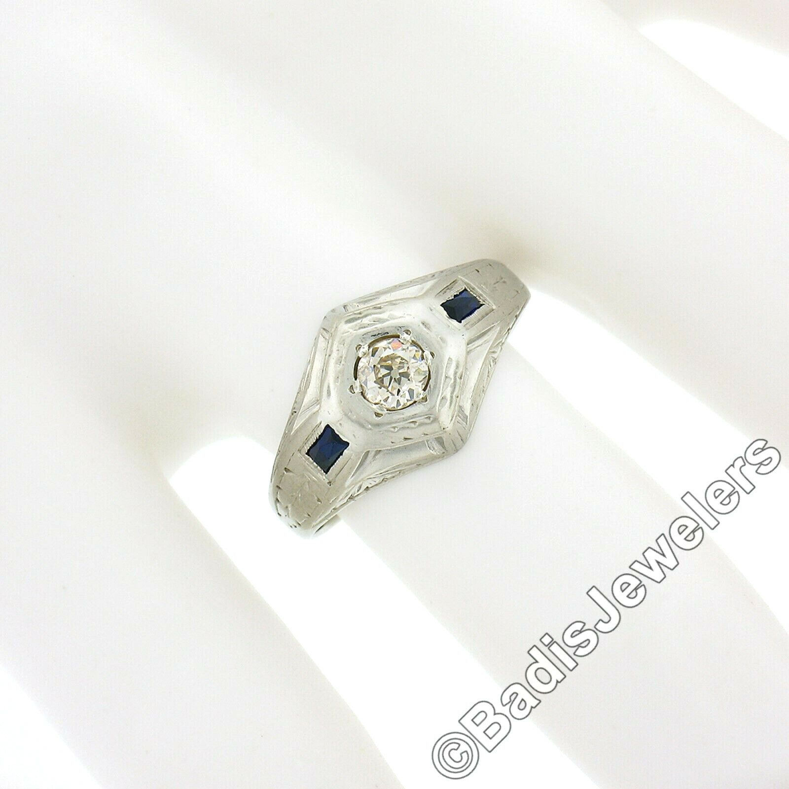 Antique Art Deco 14k White Gold European Diamond & Sapphire Hand Engraved Ring
