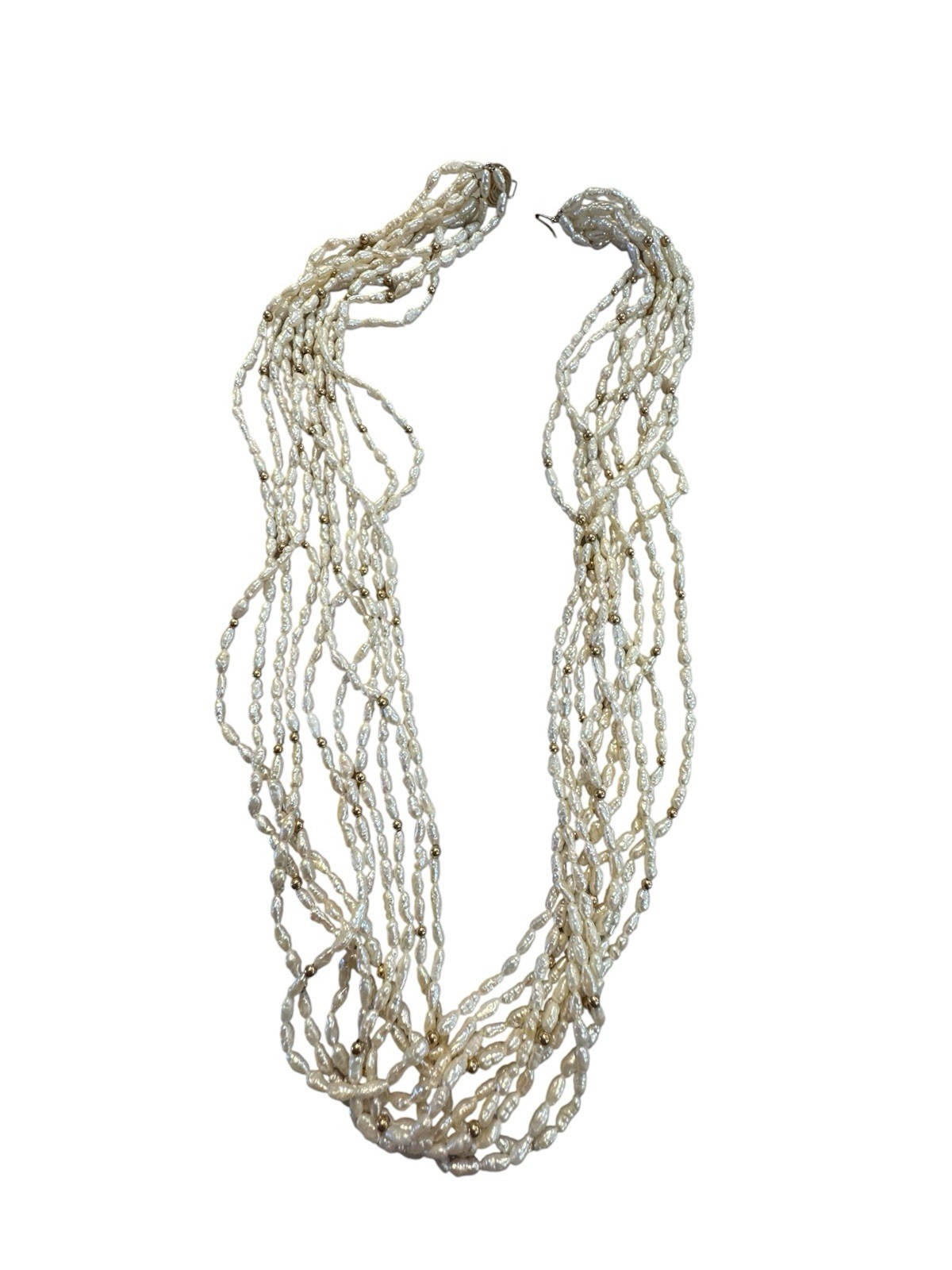 24” Multi-strand Freshwater Pearl 14k Gold Clasp Necklace Gold Beads 10 Strands