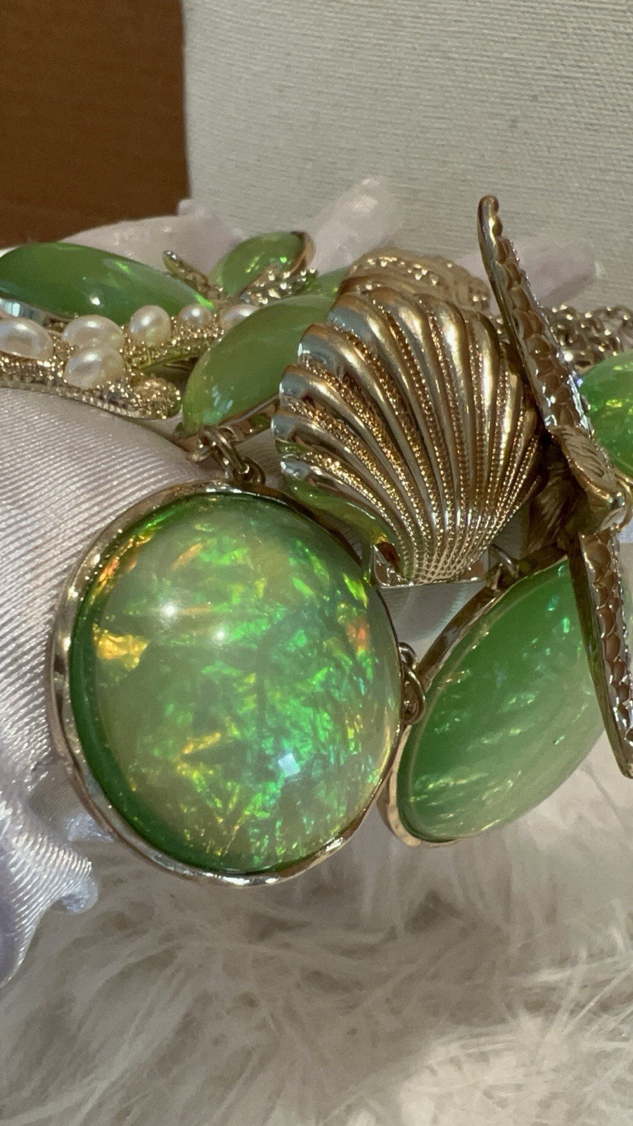 Statement MermaidCore Sea Life Bib Necklace Iridescent Green Sea Opal Starfish
