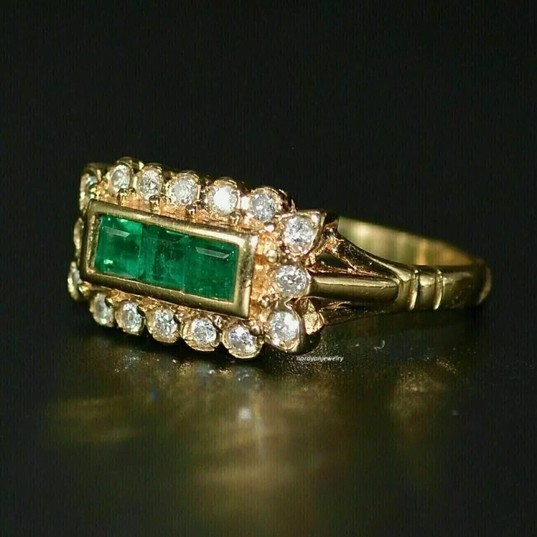 Edwardian 3Ct Lab Created Green Emerald Princess Cut Ring 14K Yellow Gold Finish