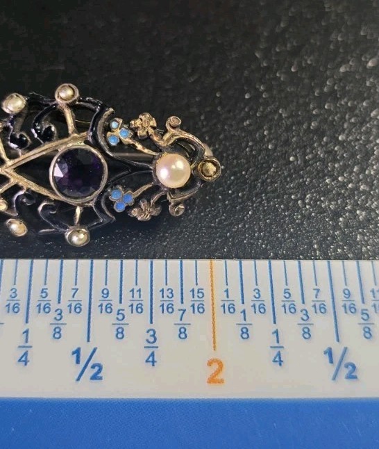 Antique Art Deco Silver Czech Glass & Seed Pearl Enamel Brooch