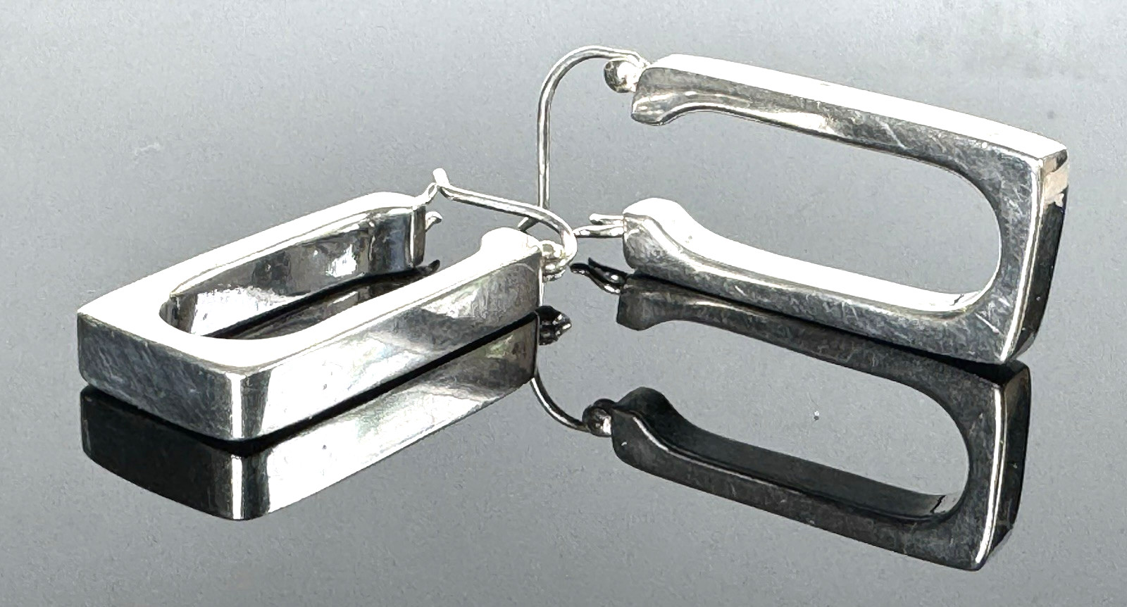Vintage 925 Sterling Silver Modernist Rectangle Hoop Earrings Geometric Dangle