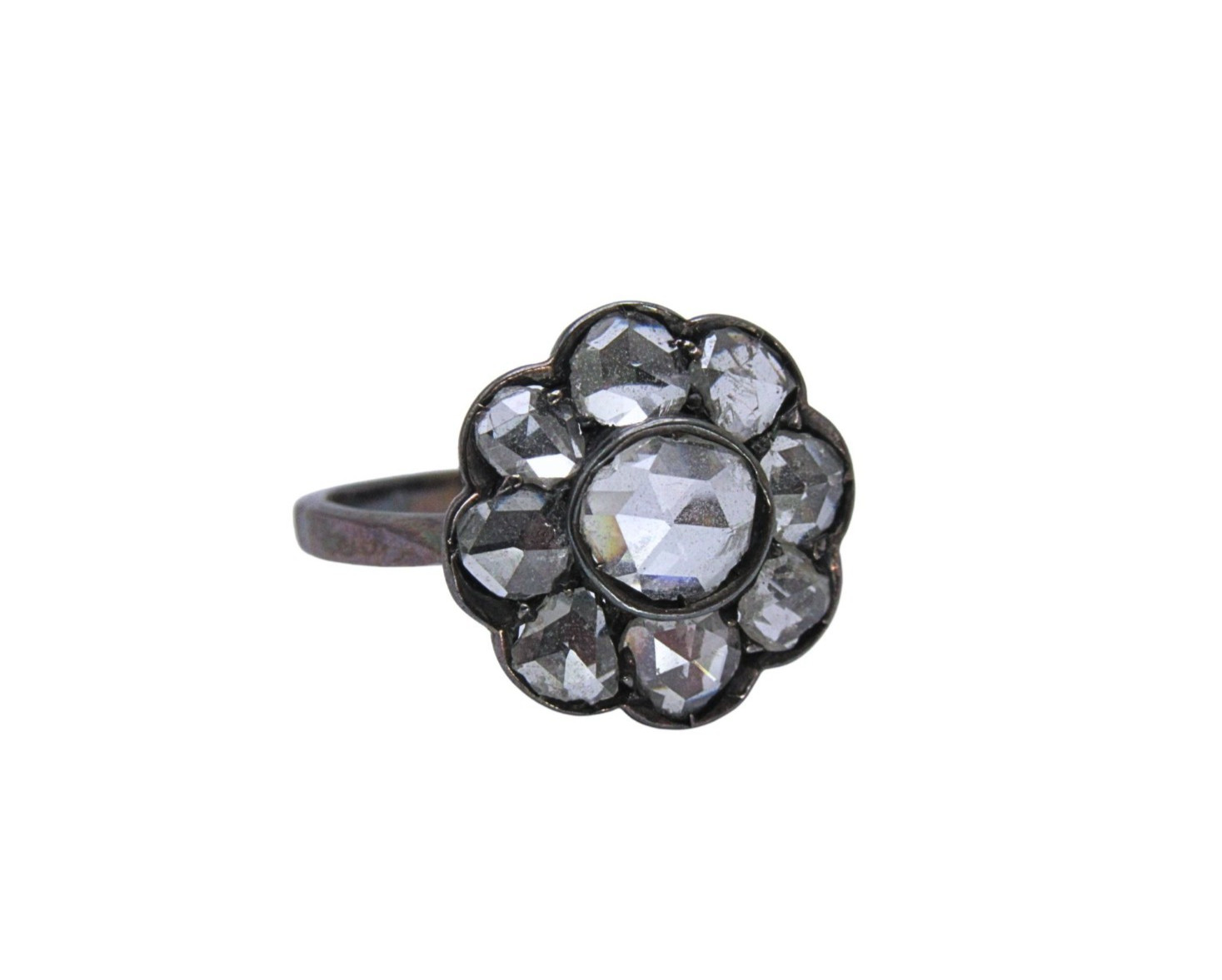 Sterling Silver Rose Cut Diamond Vintage Flower Ring Size 5.5