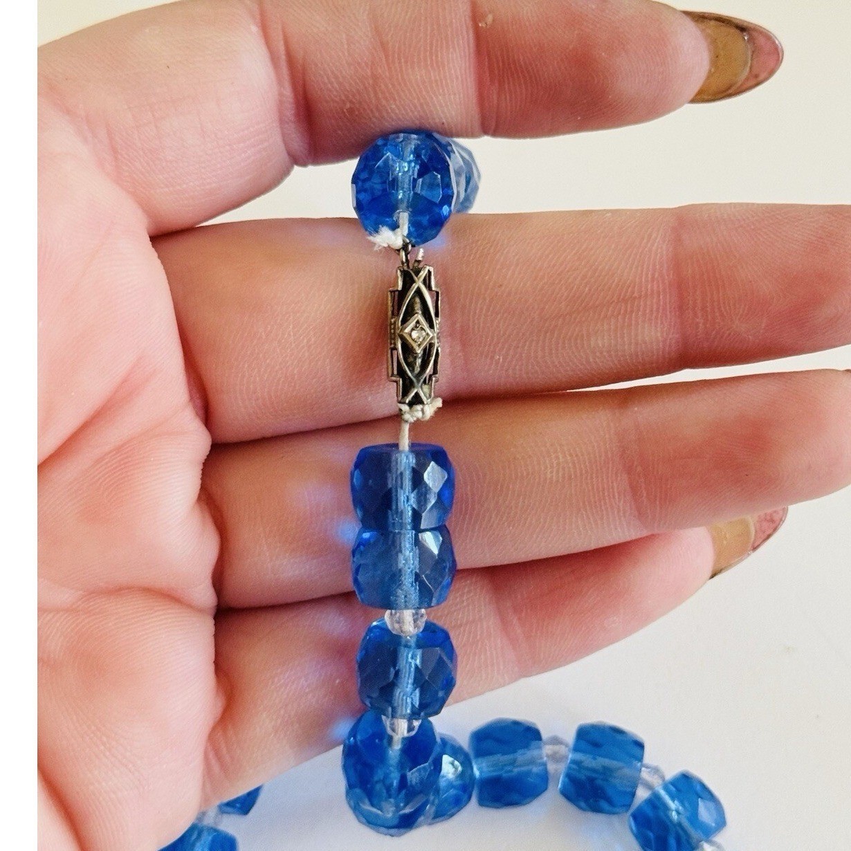 Vtg Czech blue choker Necklace Clear Blue Glass Carved Beaded Art Deco 16″