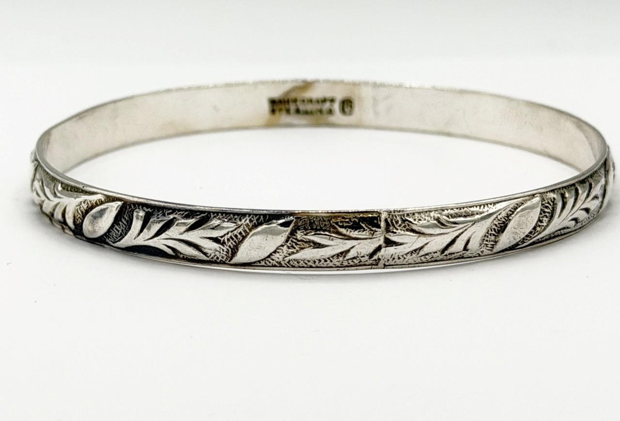 Vintage Sterling Silver Danecraft Felch Leafy Floral Bangle Bracelet