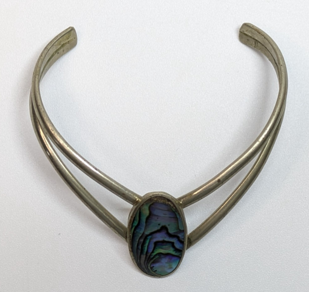VTG Alpaca Silver Mexico Unique Abalone Shell Cuff Bracelet Double Bar