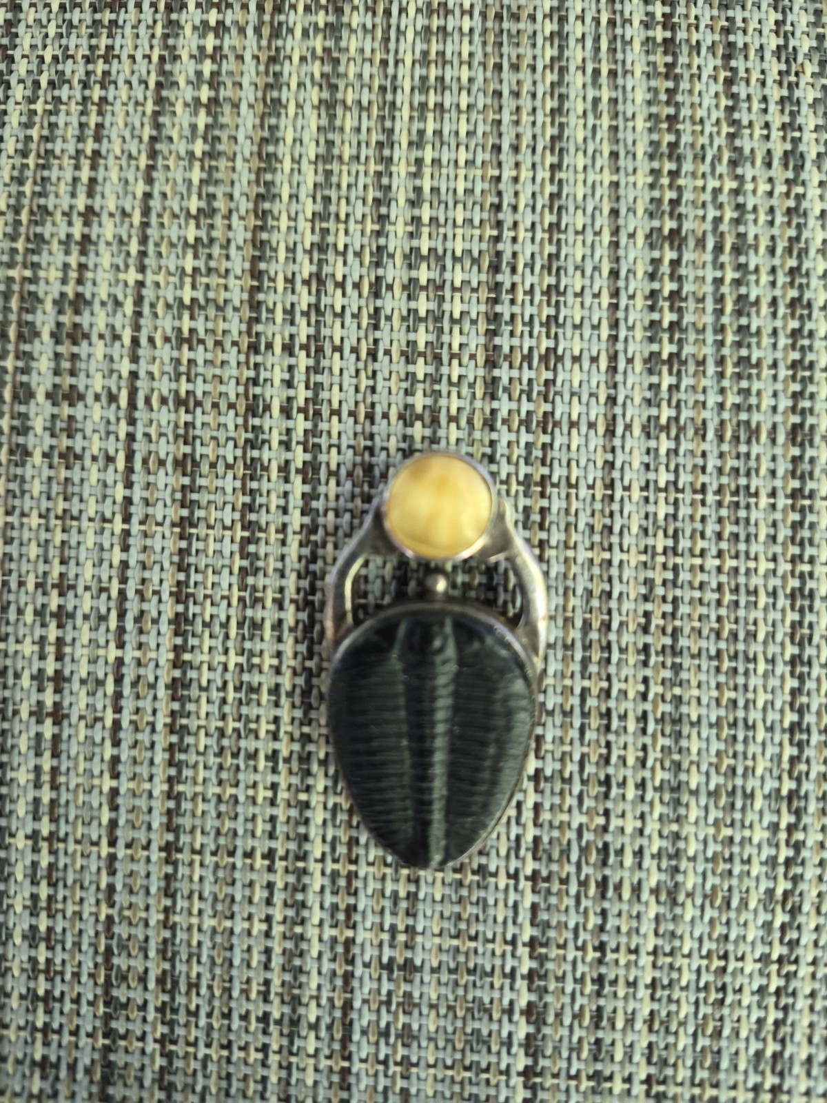 Vintage Trilobite/Amber Pendant Set In Sterling Silver.