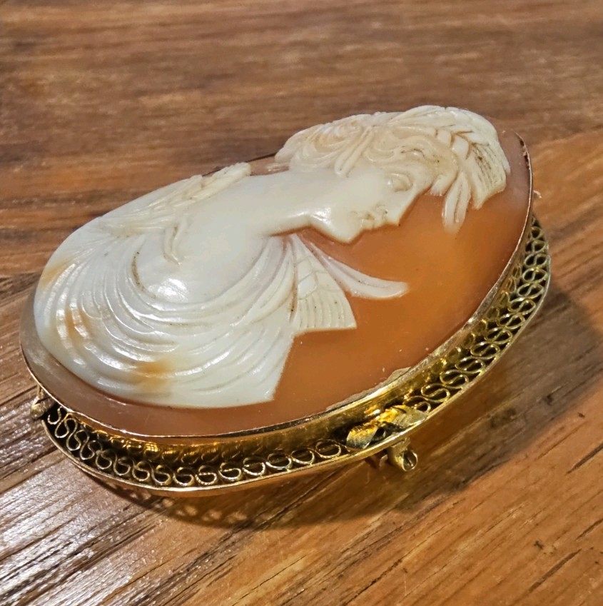 EARLY Vintage 14k Yellow Gold Shell Carved Cameo Brooch/Pendant 2″x1.5″ C-clasp