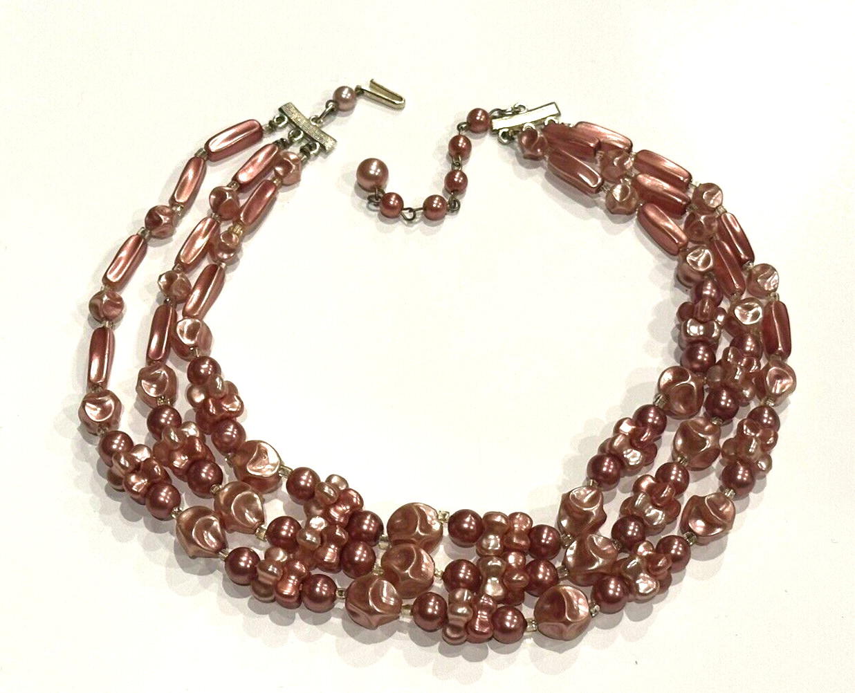 HONG KONG VINTAGE PINK ROSE PEARL BEAD TRIPLE STRAND CHOKER 14″ NECKLACE EUC