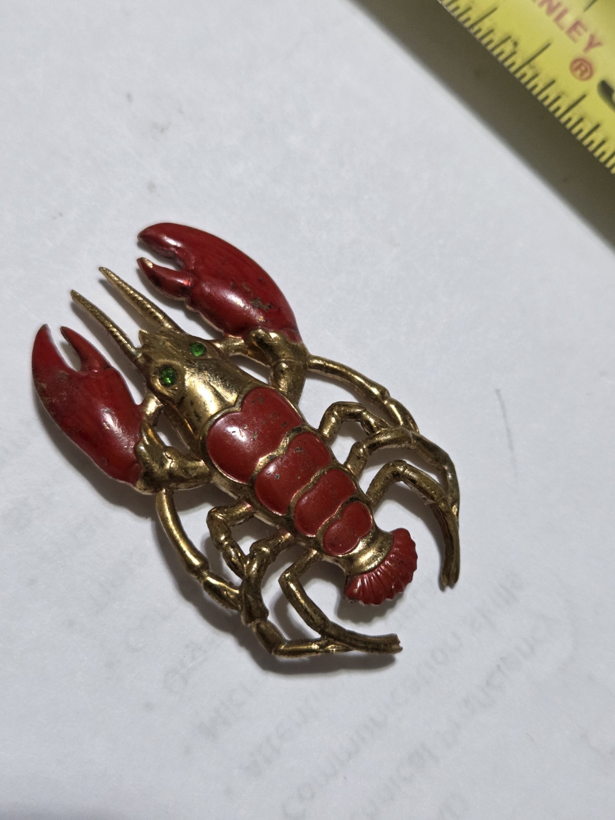 Vintage Metal Lobster Brooch Pin Red Gold Tone With Green Eyes