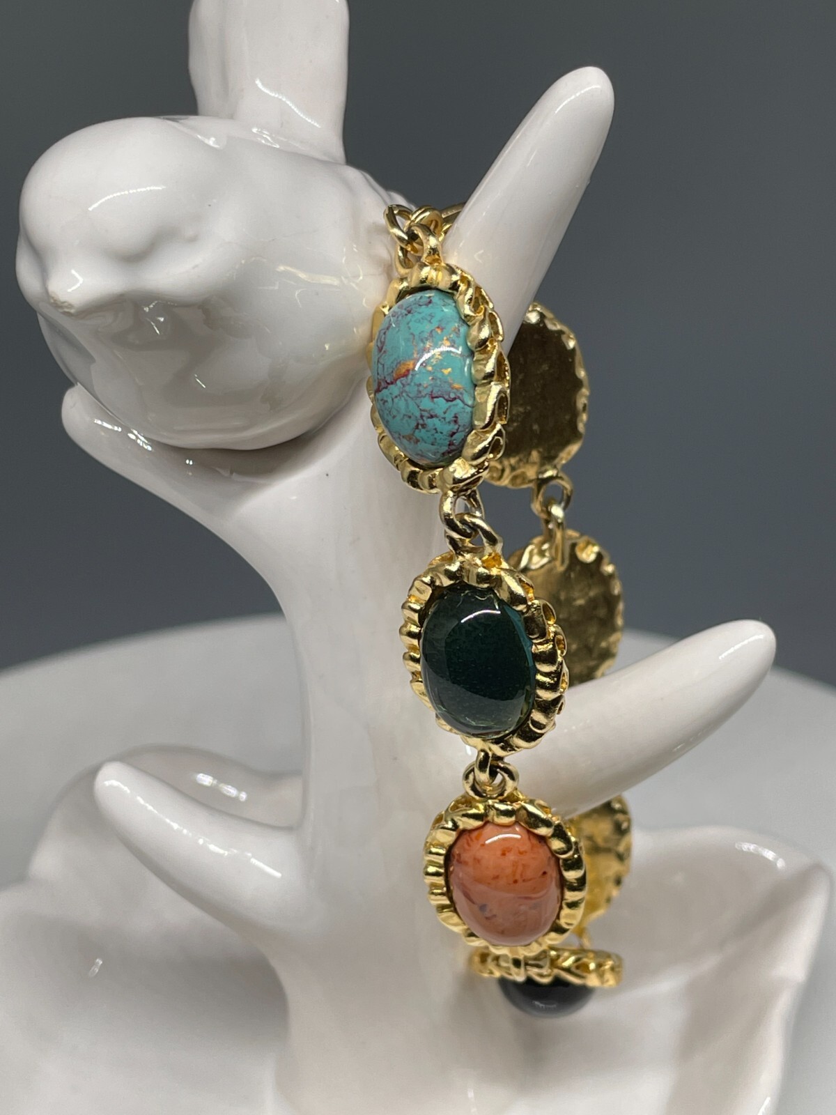 Vintage Unknown Designer Goldtone Metal Open Link Glass Cabochons Bracelet