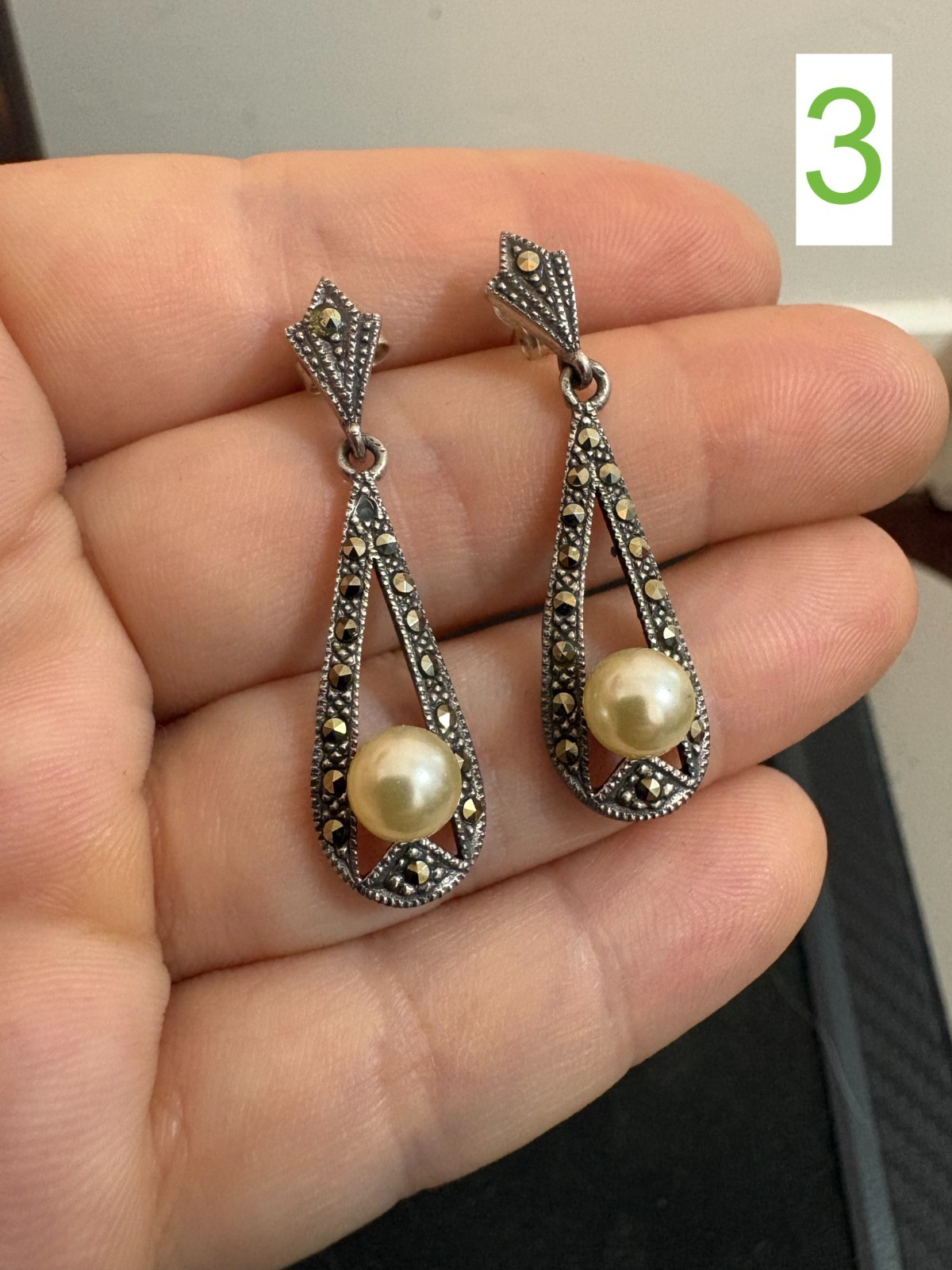 Vintage Art Deco Sterling Silver 925 Dangle Earrings (Marcasite and Faux Pearl)