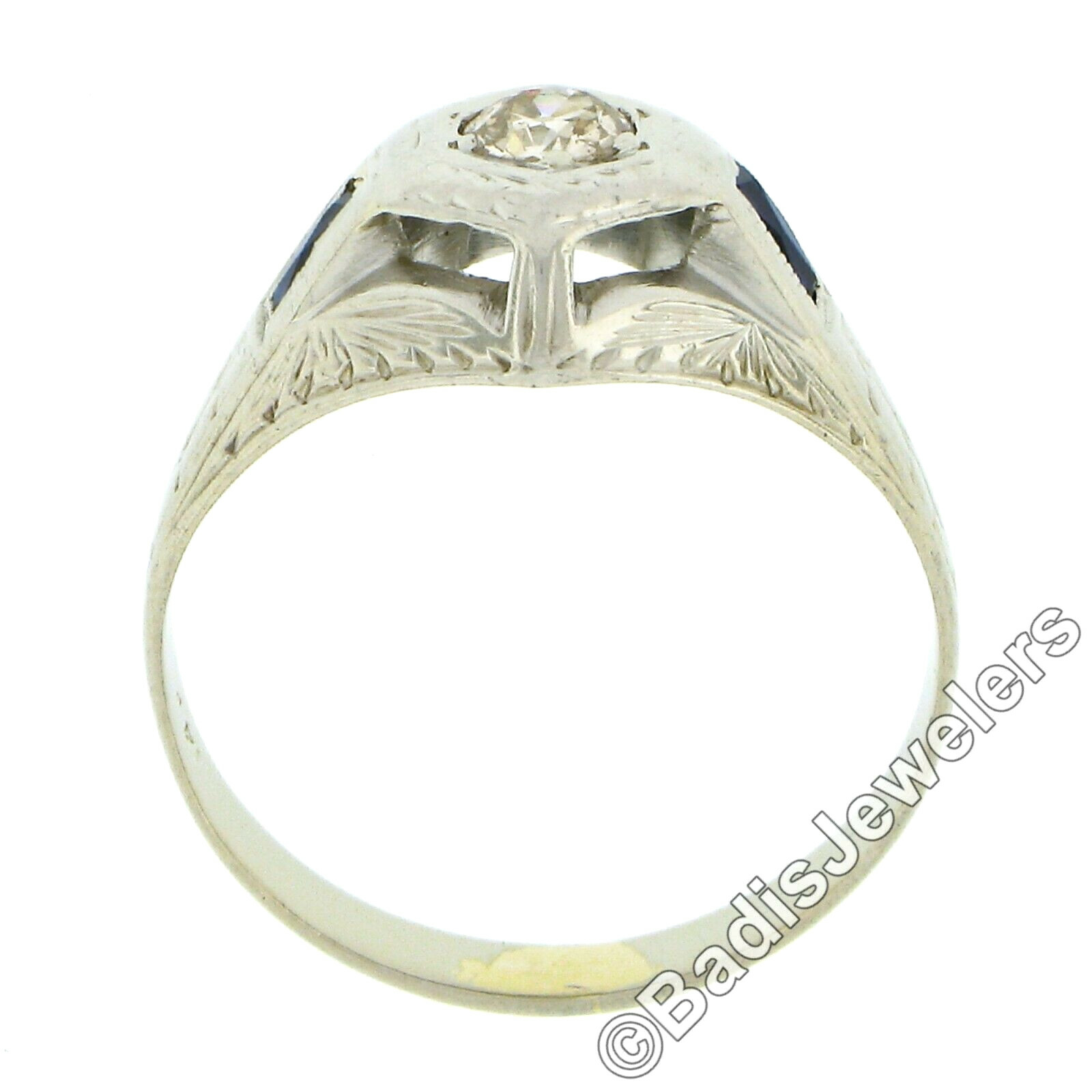 Antique Art Deco 14k White Gold European Diamond & Sapphire Hand Engraved Ring