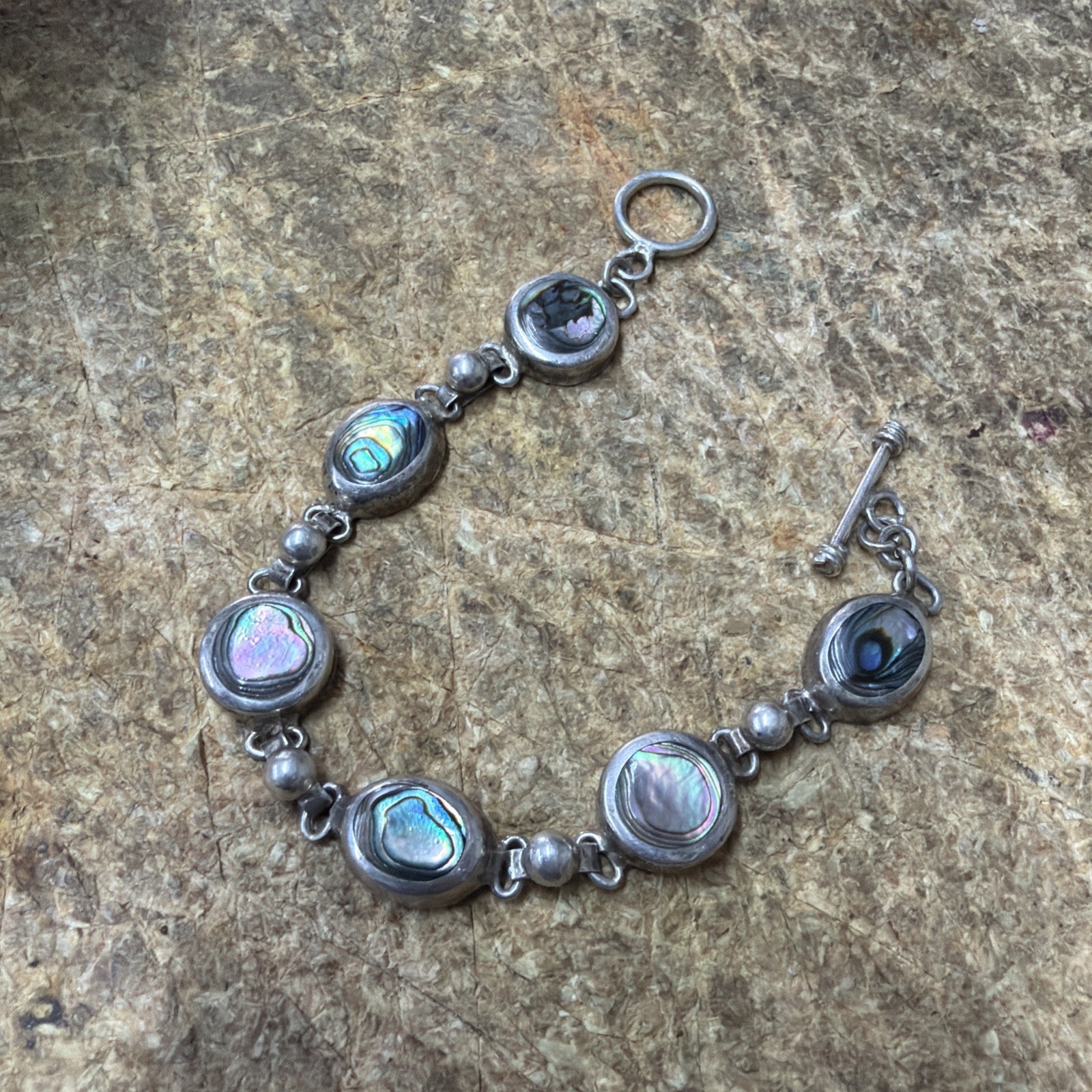 Vintage Rare Mexico 925 Sterling Silver Abolone Toggle Bracelet 30g