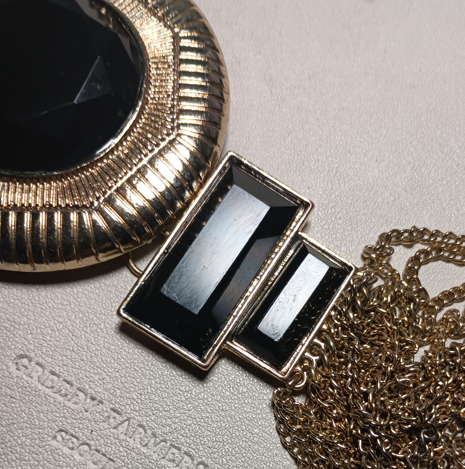 Vintage Chico’s Gold Tone Black Faceted Stone Tassel Pendant Statement Necklace