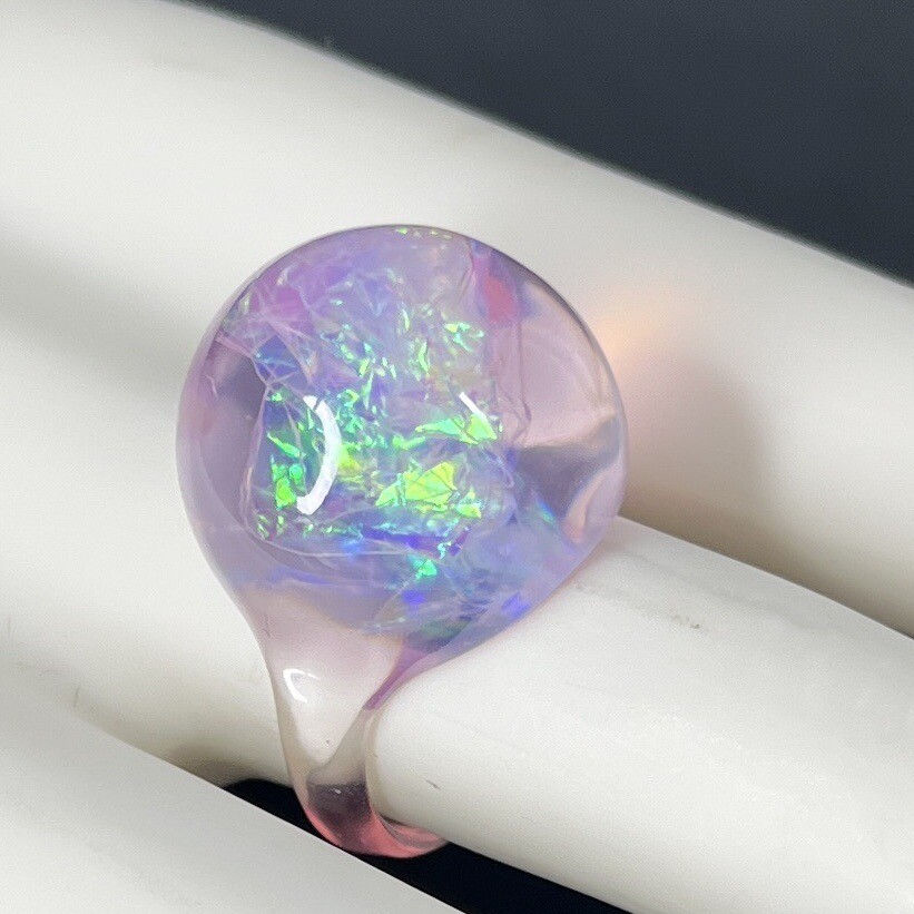 Pink Clear Lucite Dome Ring Size 7.75-8 Iridescent Opalescent Retro Moon Ring