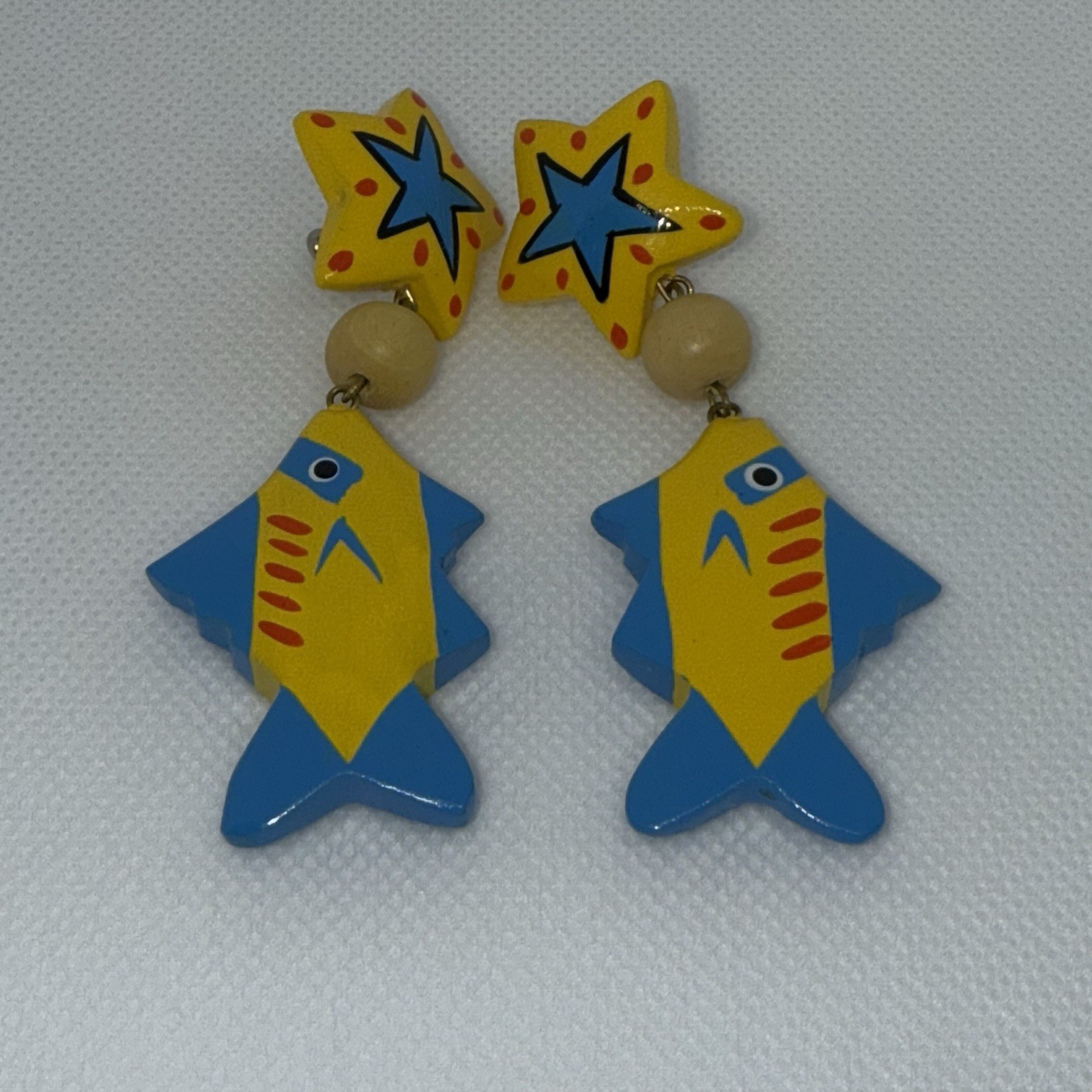 Tropical Fish Earrings Hand Painted Wood Island Coconut Art Beach Vintage