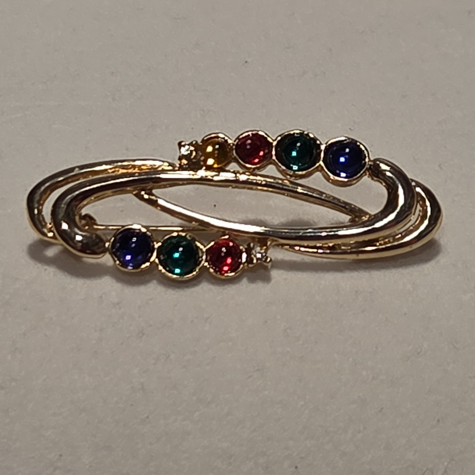 VTG Colorful Cabochons Goldtone Multi Color Swoop Brooch Pin Unsigned Unique