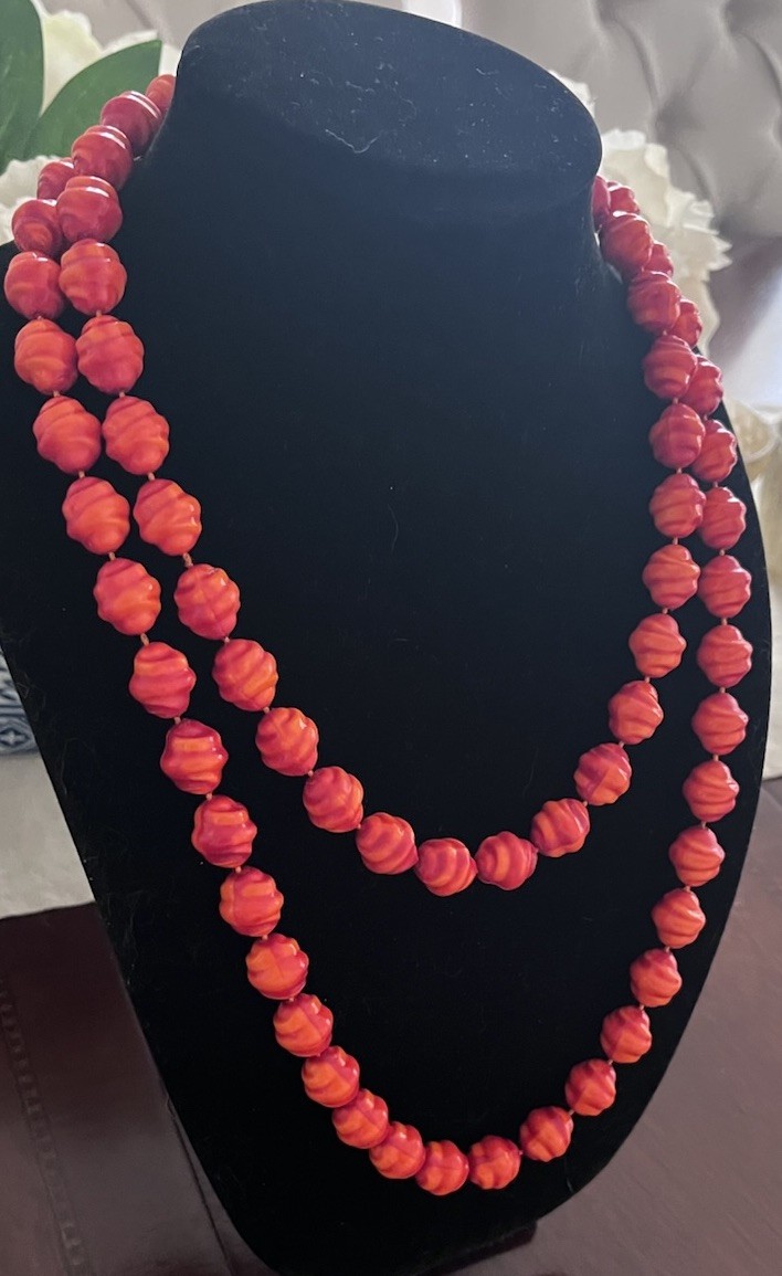 Vintage Orange Coral Red Resin Textured Beaded Extra Long 48” Knotted Necklace
