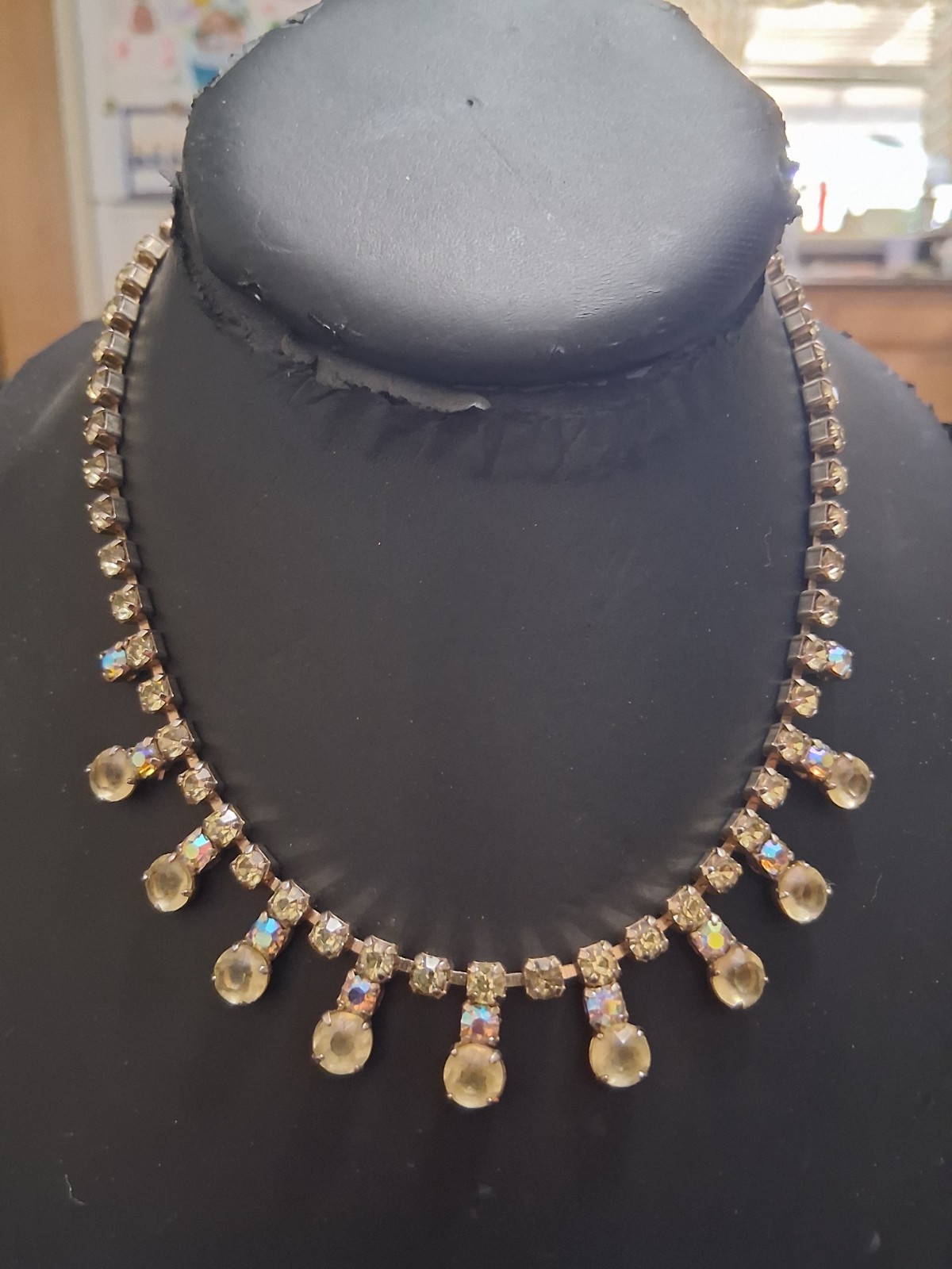 Frosted yellow jonquil crystal, faceted yellow rhinestone necklace w/aurora AB