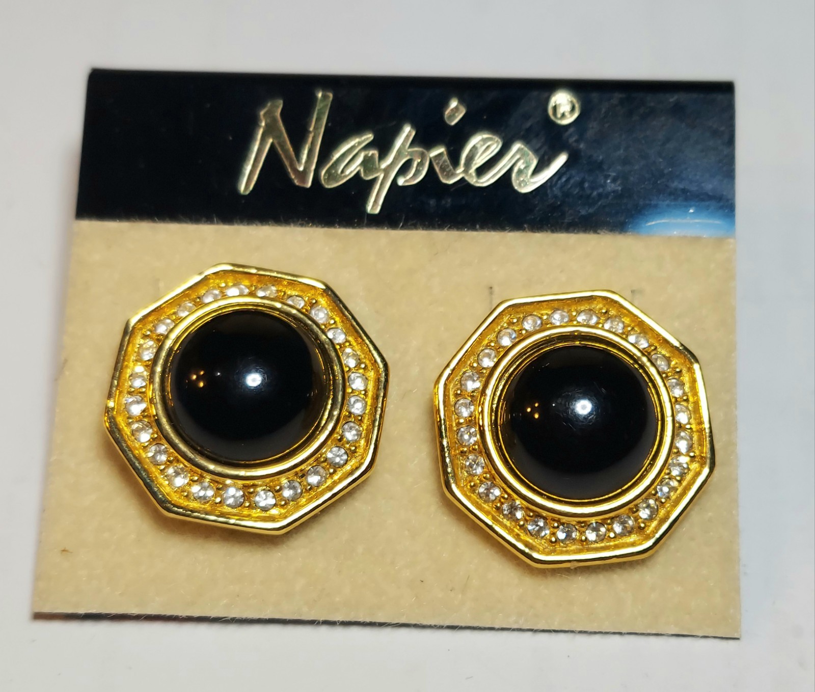 Vintage Napier Pave Set Rhinestone & Black Cabochon Pierced Earrings