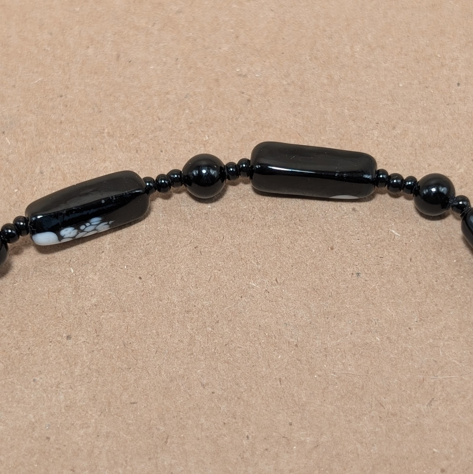 Vintage Black White Spotted Czech Lampwork Glass Bead Mid Century Choker 15.5in