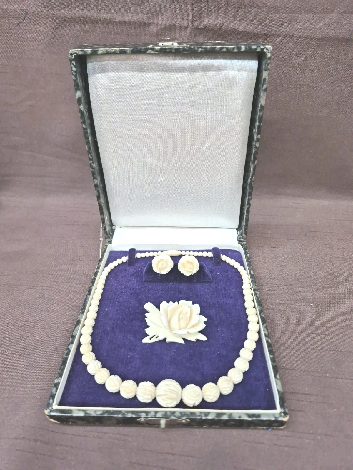 Vintage Japanese Hand-Carved Rose Jewelry Parure with Original Presentation Box