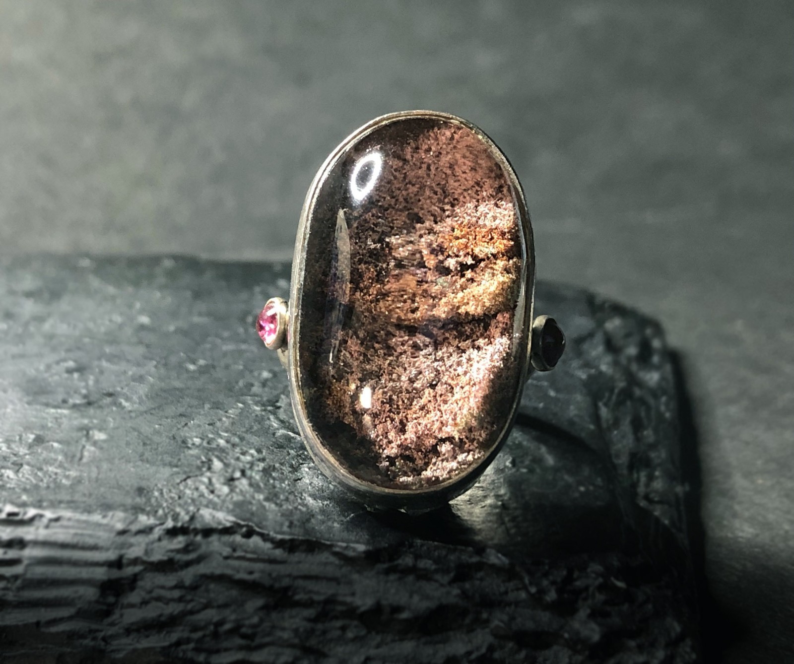 Vtg UNIQUE Modernist Era Large PHANTOM QUARTZ Bulging Cab Sterling Silver Ring