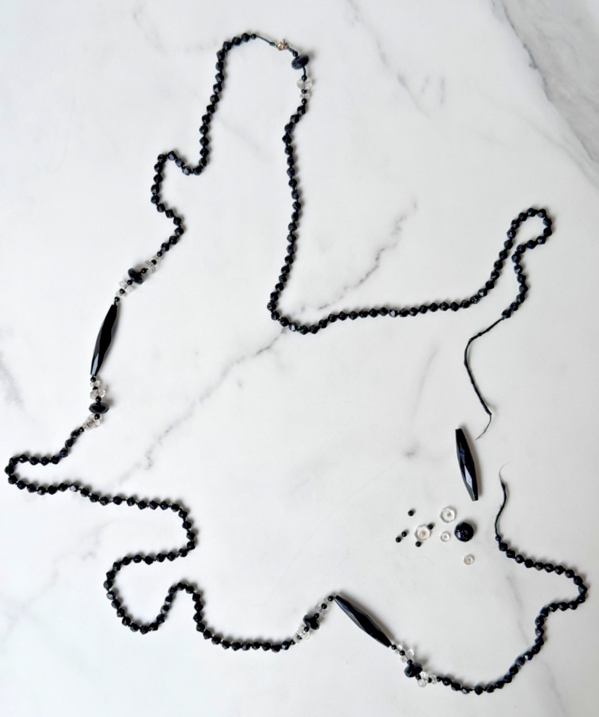 Antique Victorian Black Jet Mourning Fancy Bead ROPE Necklace, Repair NEEDED
