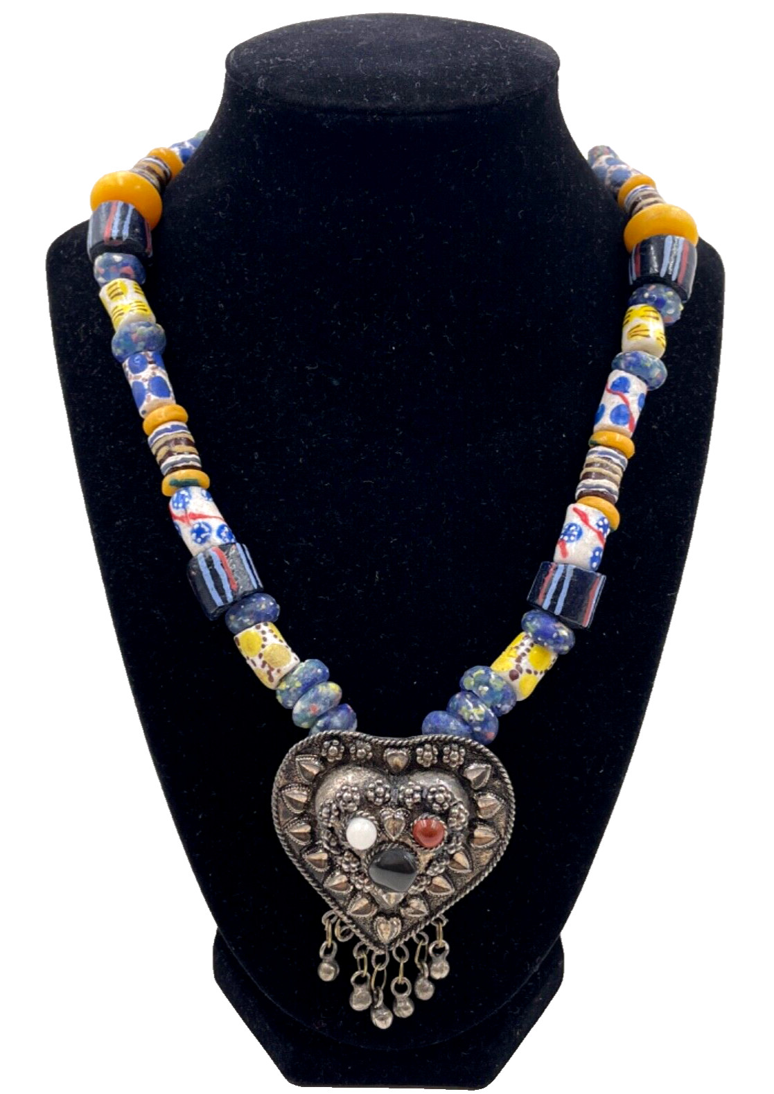 ETHNIC AFRICAN TRIBAL BERBER NECKLACE HAND-MADE KROBO GLASS BEADS BRONZE METAL R