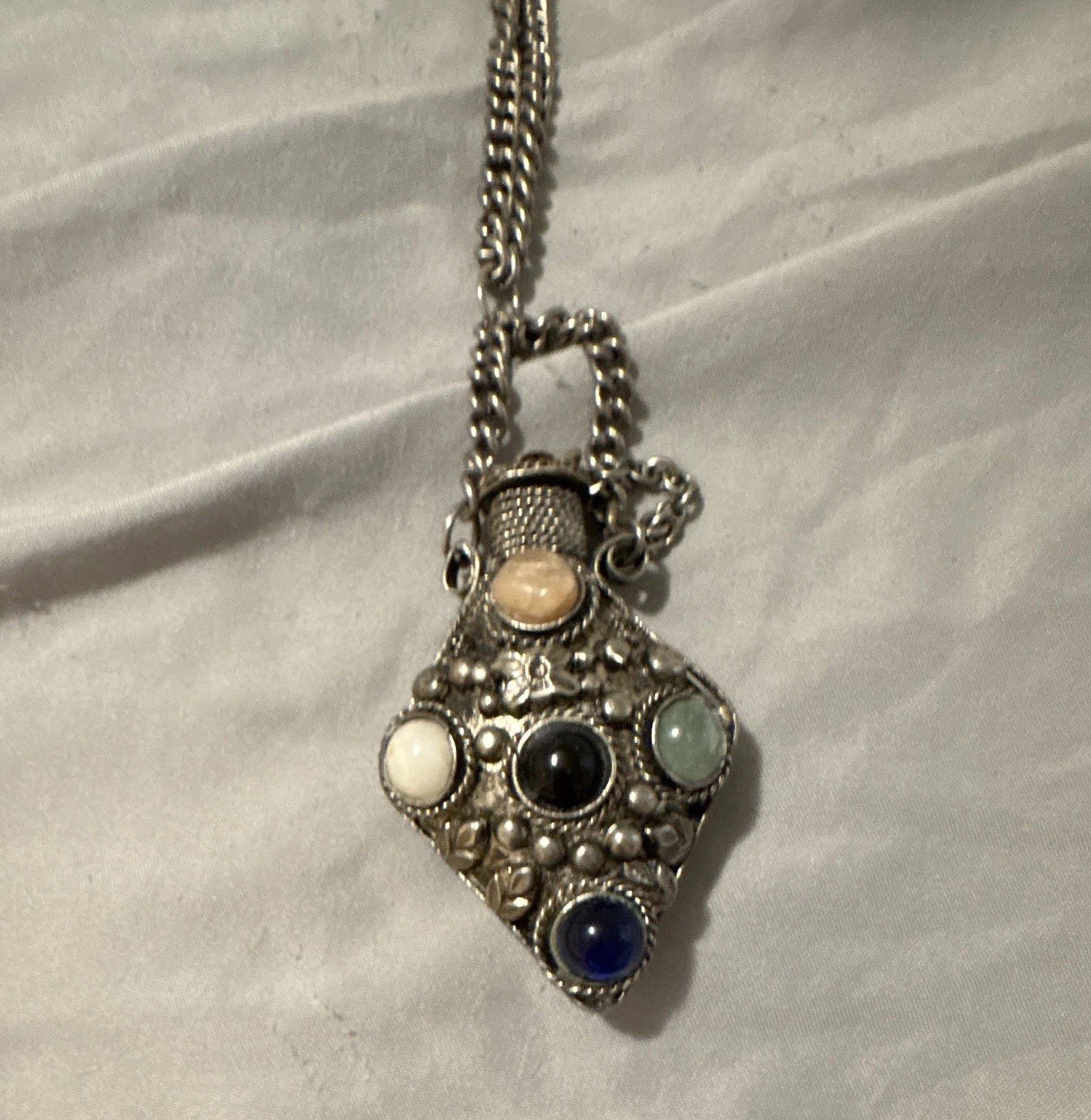Vintage Sajai Perfume Snuff Bottle Pendant Necklace Tribal Boho Stone Cabochon