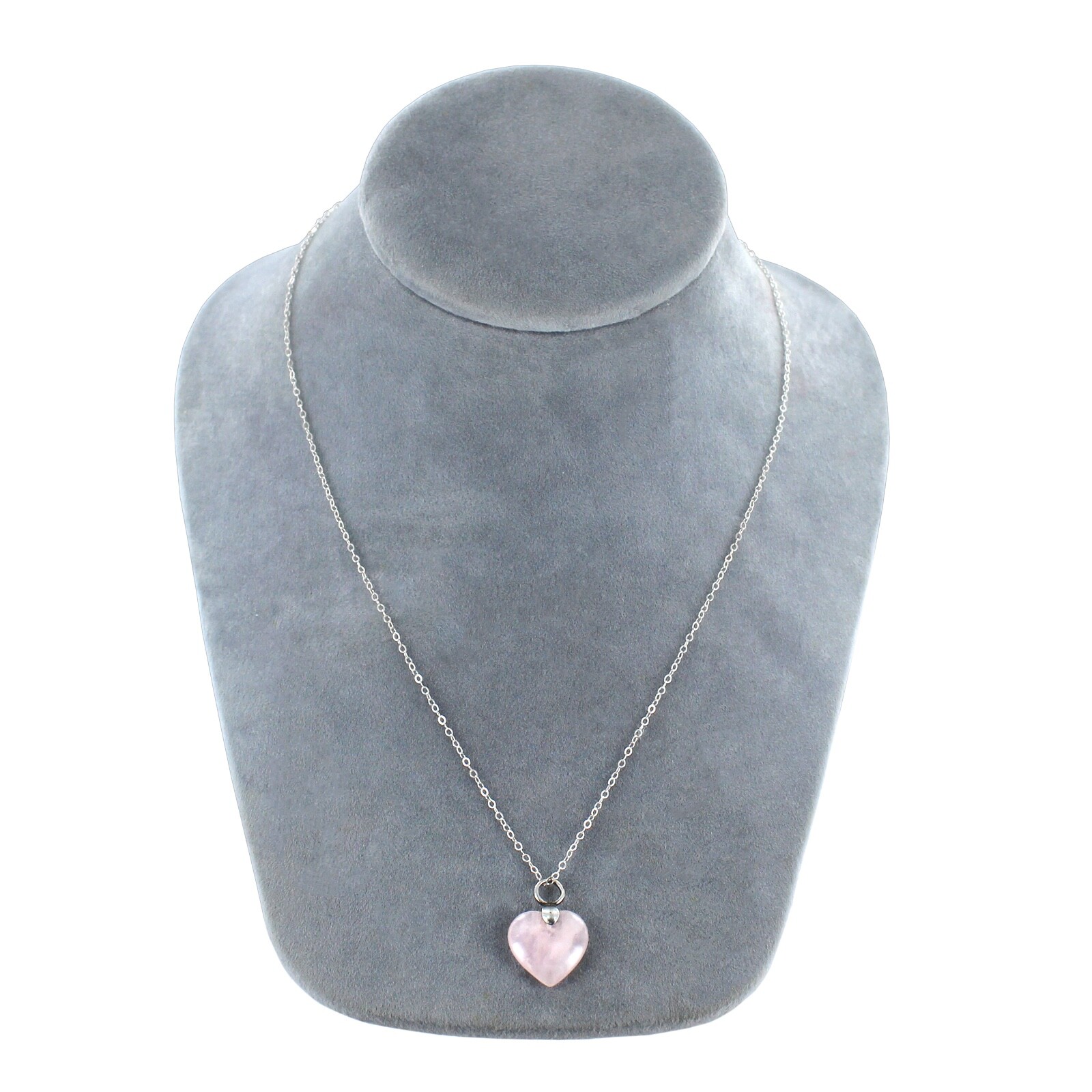 Natural Rose Quartz Heart Shaped Pendant Charm Sterling Silver Chain Necklace