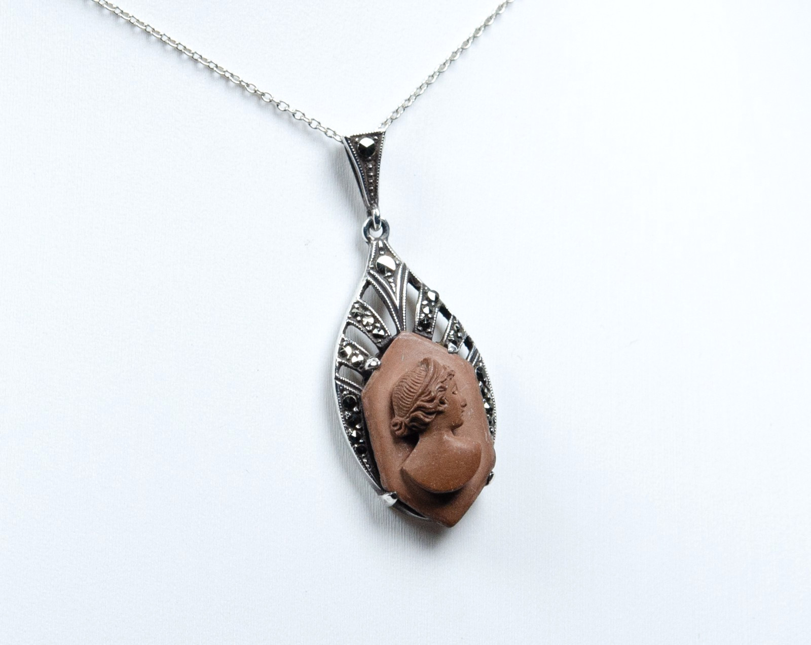 835 Silver – Antique Art Deco Pendant – Lava Stone Cameo – Marcasite