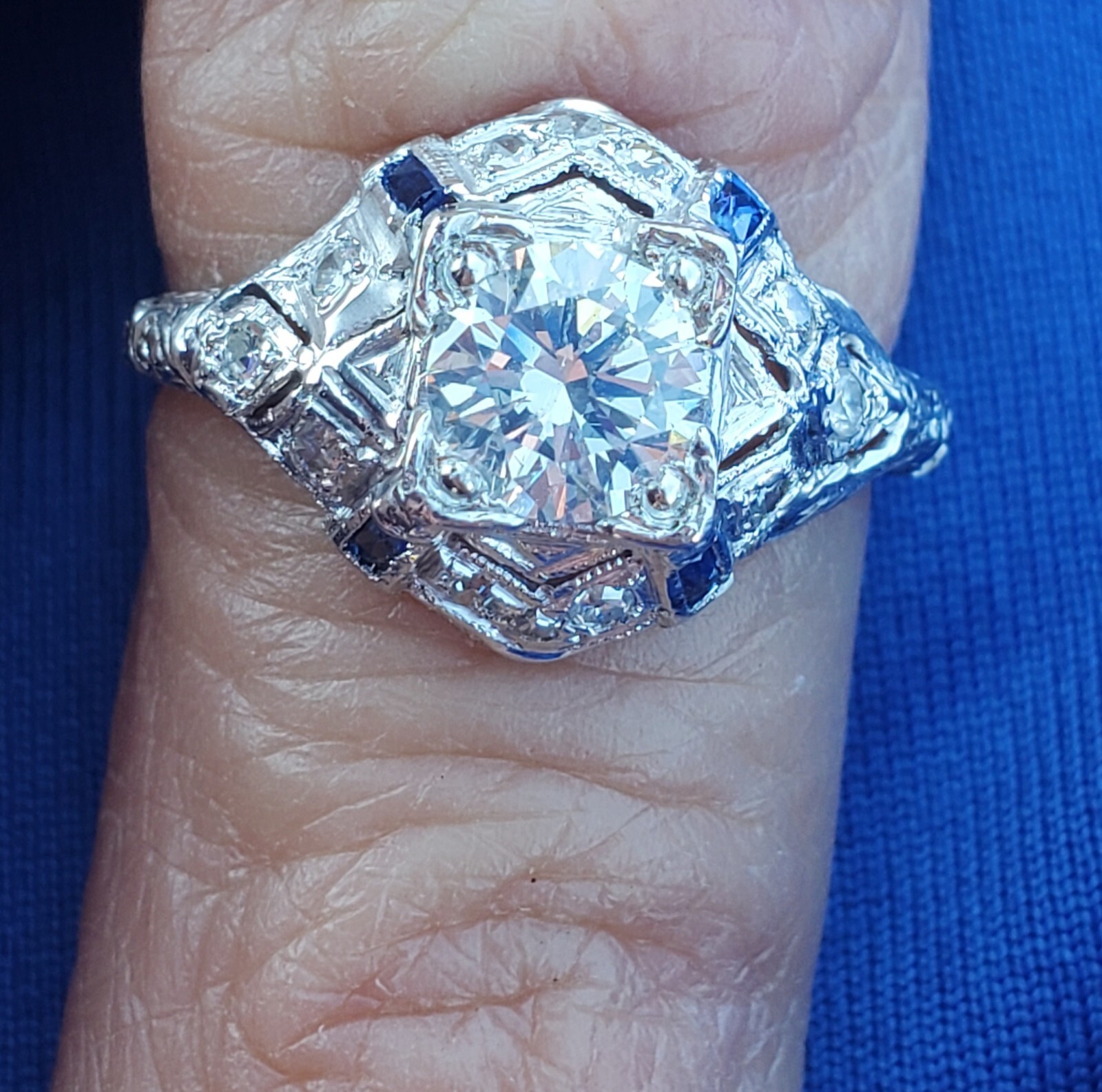 Original EARTH MINED DIAMOND Deco Engagement Ring 1 ct Vintage PLATINUM Sapphire