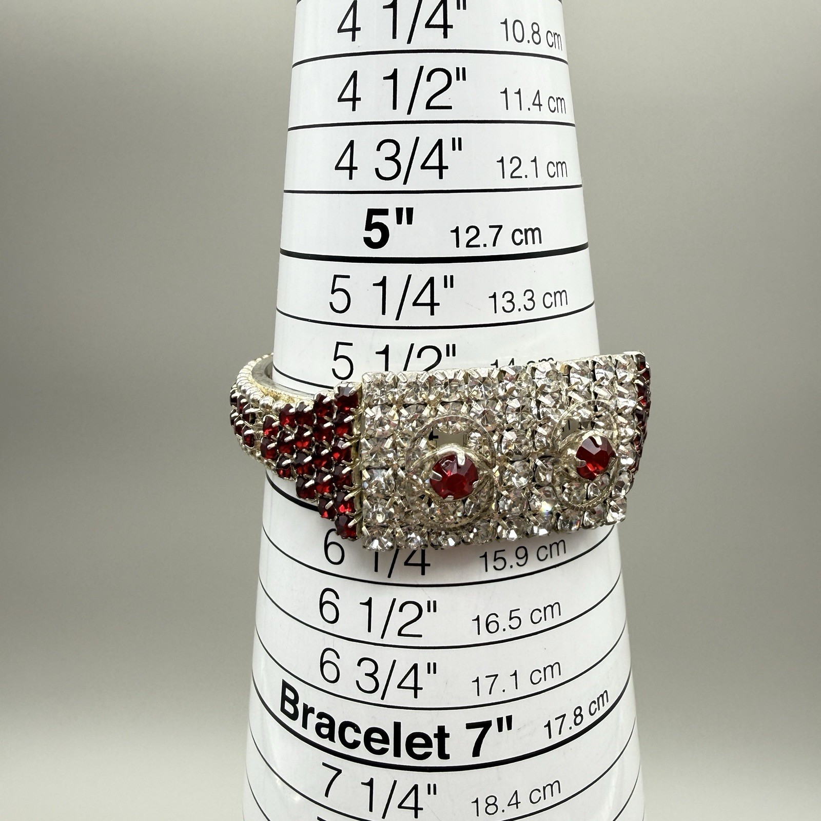 Vintage Red & Clear Rhinestone Hinged Cuff Bracelet Unmarked Red Bracelet