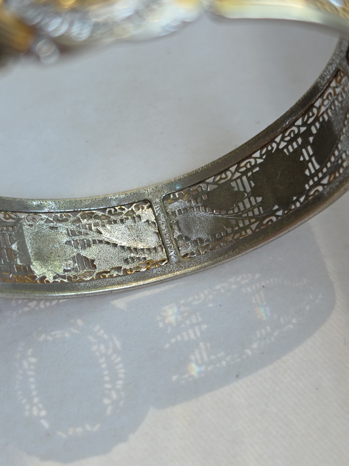 1930s Art Deco Filigree Bracelet Hinged JJ White Mfg Co Pat 1955576 Blue Gem