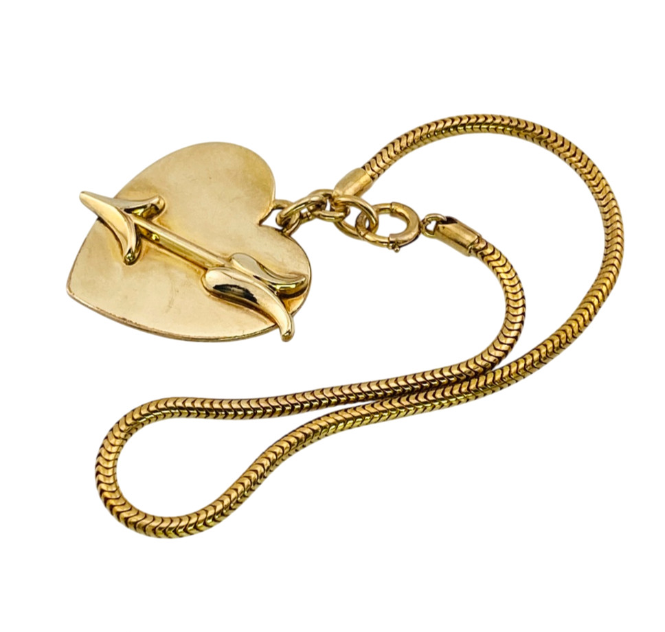 Vintage Forstner 12k Gold Filled Heart Arrow Charm Bracelet 6.75 In Snake Chain