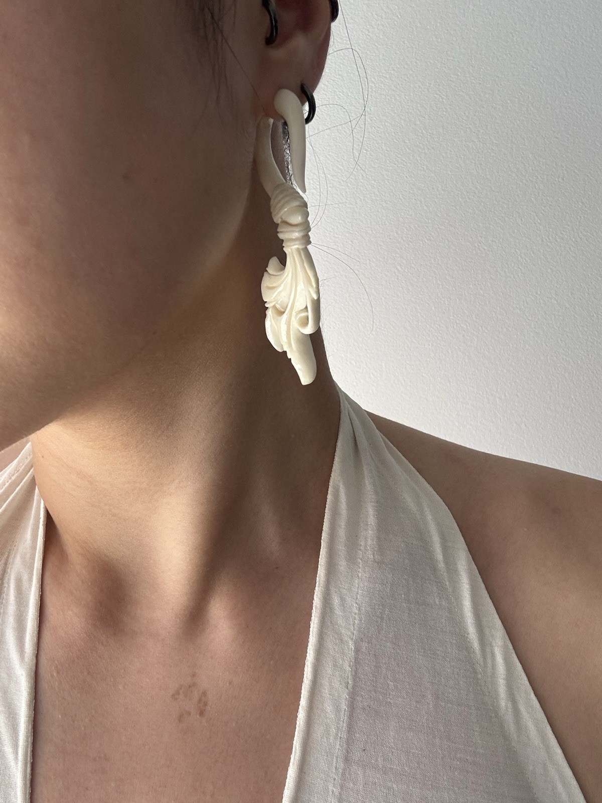 Vintage Tribal Style Carved Ivory Necklace & Earrings Set