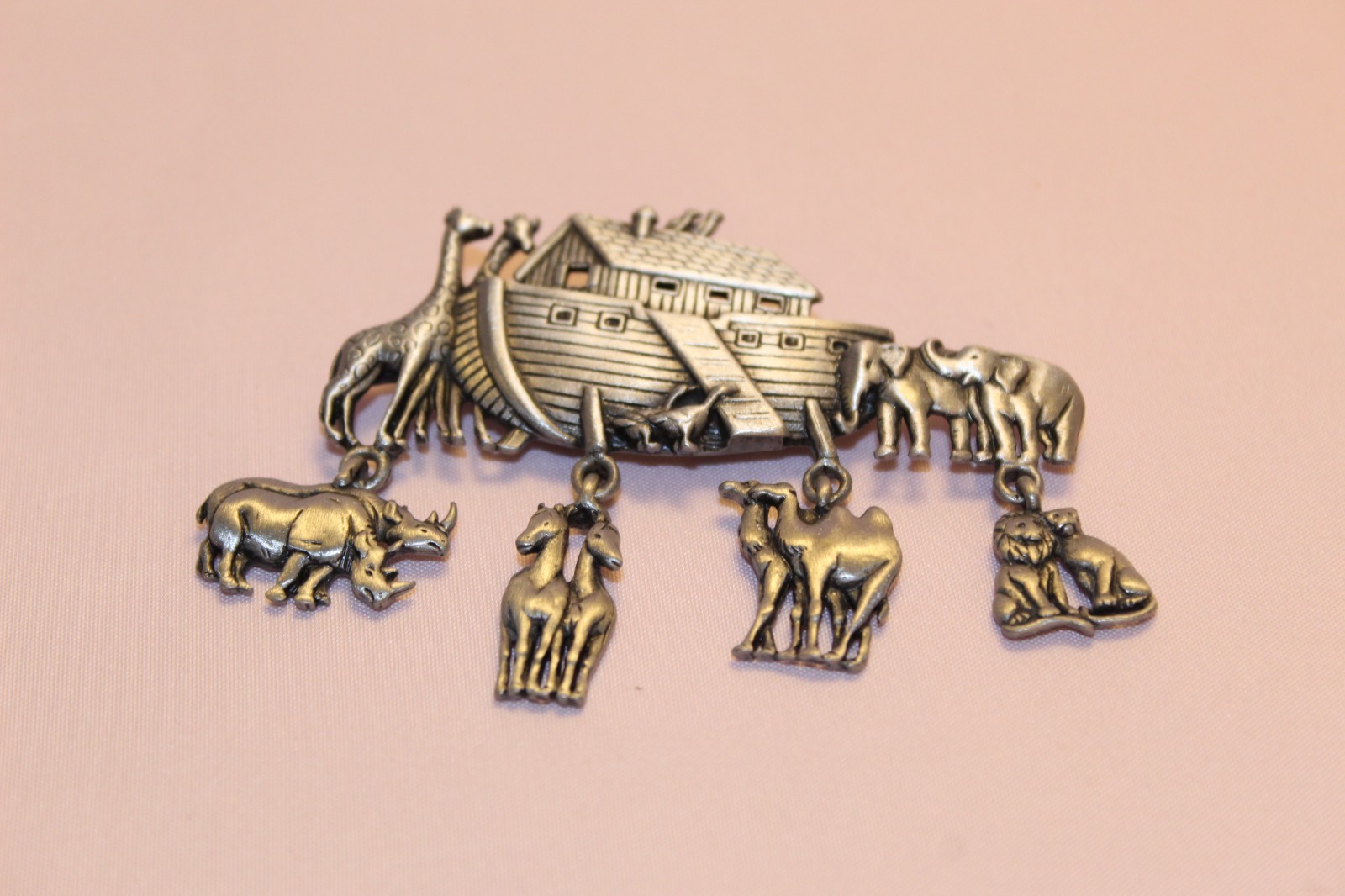 Vintage JJ Signed Noah’s Ark Brooch Pin Silver Tone Dangling Animal Charms