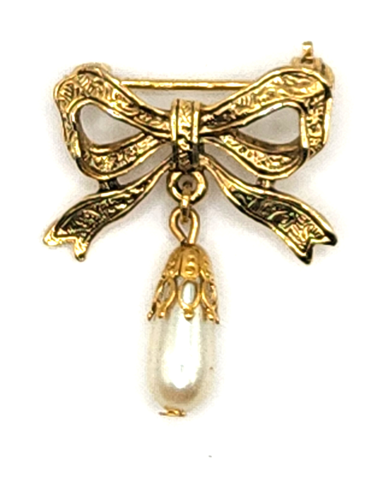 Victorian Revival Style Embossed Bow Brooch w Pendant Teardrop Faux Pearl Drop