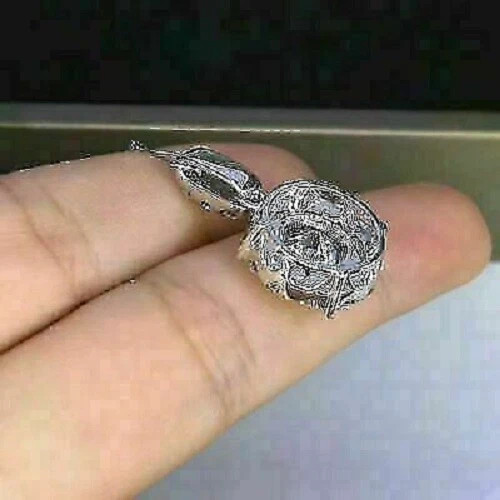 Round Cut Lab Created Diamond Woman’s Engagement Fancy Pendent 14K White Gold FN