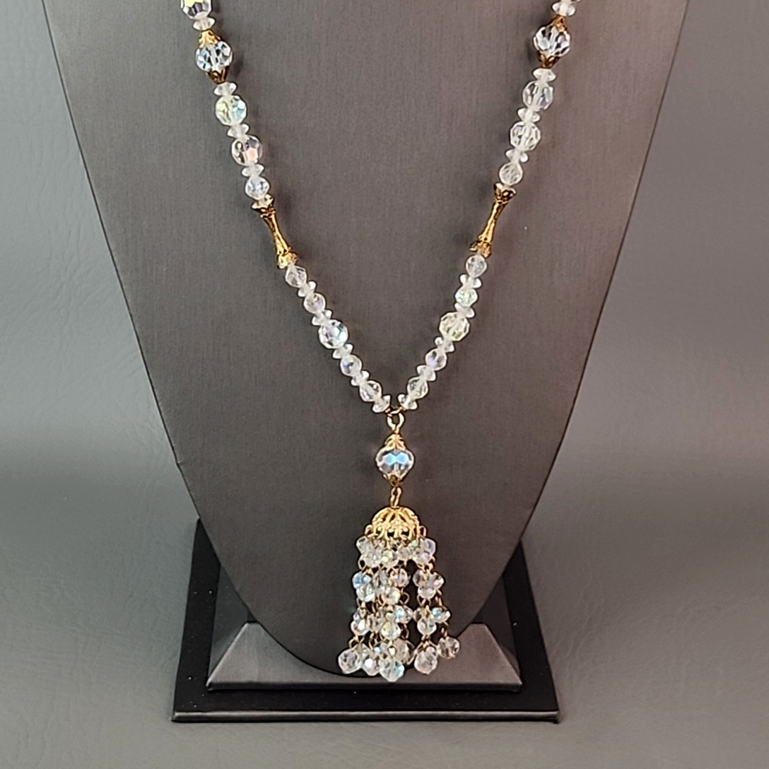 Vintage AB Glass Beaded Tassel Necklace Earrings Set Gold Tone Bar Links 26″