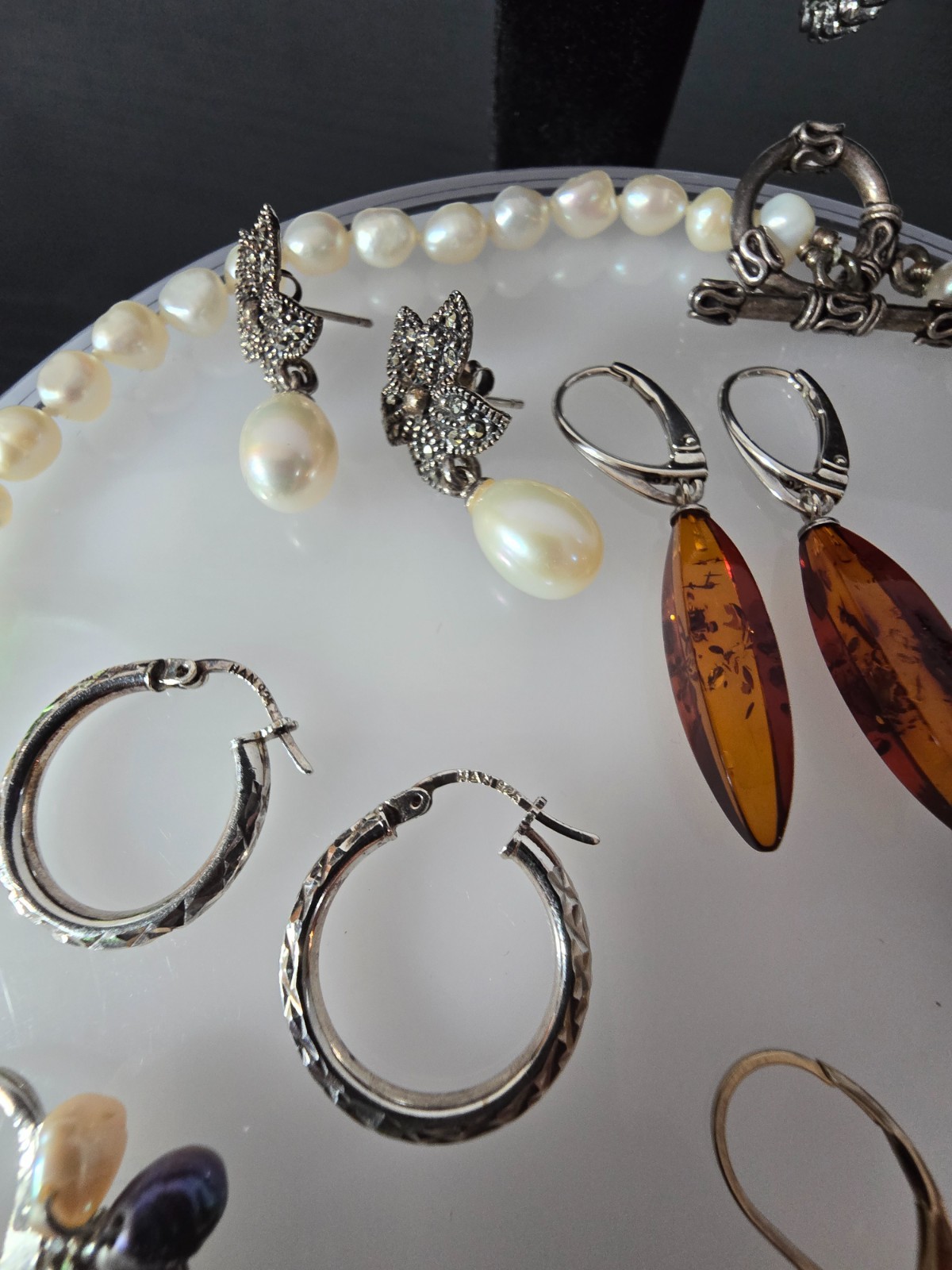 925 jewelry lot w/ fresh pearls Baltic amber and crystals signed