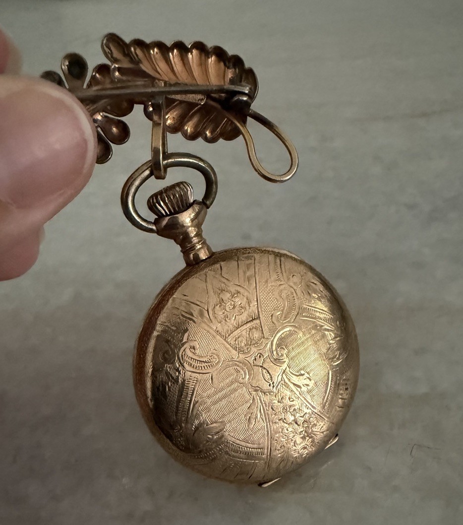 Vintage Gold Filled Elgin Scrolled Flower Works Pocket Watch On Pin Brooch